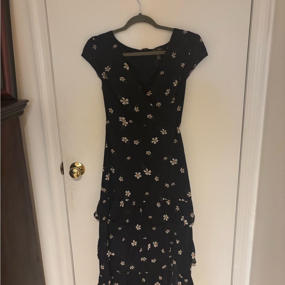 Aqua Black Floral Midi Dress